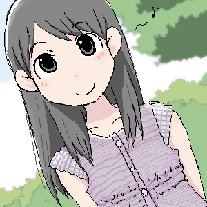 ayase ena, yotsubato!, lowres, 1girl, arms behind back, black eyes, black hair, dutch angle, female focus, happy, long hair, oekaki, outdoors, quad tails, smile, solo, tree