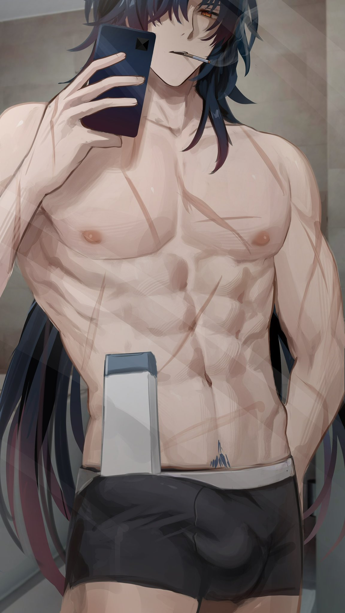 kyooami, blade (honkai: star rail), honkai: star rail, honkai (series), highres, 1boy, abs, black hair, black male underwear, boxer briefs, bulge, cellphone, cigarette, covered penis, covered testicles, cowboy shot, erection, erection under clothes, gradient hair, holding, holding phone, large penis, long hair, looking at phone, male focus, male pubic hair, male underwear, mirror selfie, multicolored hair, multiple scars, navel, nipples, pectorals, penis, phone, pubic hair, red hair, scar, scar on arm, scar on chest, scar on stomach, selfie, shampoo challenge, smartphone, smoking, solo, teeth, toned, toned male, topless male, underwear, upper teeth only, yellow eyes