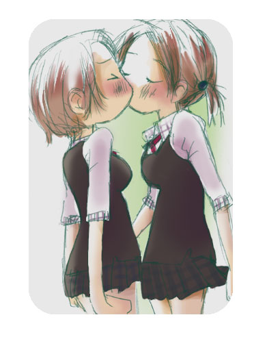 artist request, 2girls, blush, closed eyes, kiss, multiple girls, short hair, yuri