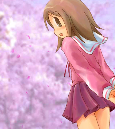 kasuga ayumu, azumanga daiou, lowres, 1girl, blush, cherry blossoms, female focus, looking back, outdoors, school uniform, serafuku, solo