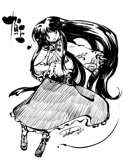 tokiame, houraisan kaguya, touhou, 1girl, artist name, belt, blush, female focus, frilled skirt, frills, full body, greyscale, long hair, long sleeves, monochrome, open mouth, shoes, sidelocks, simple background, skirt, solo, very long hair, white background, wide sleeves