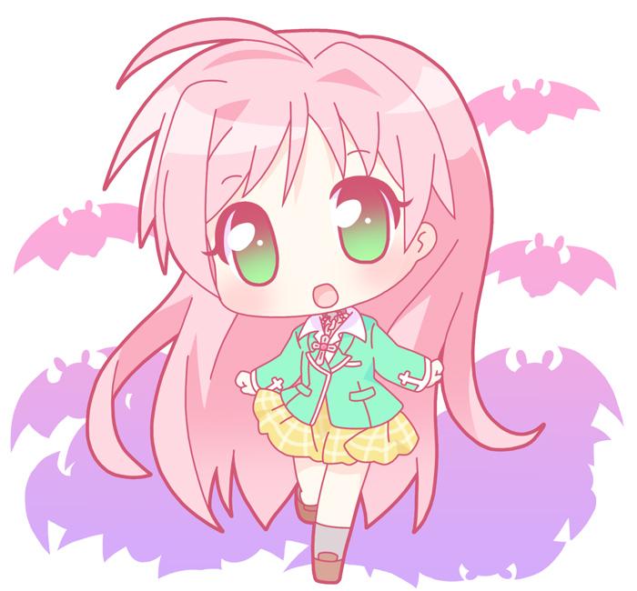 mirai (sugar), akashiya moka, rosario+vampire, 00s, 1girl, brown hair, chibi, female focus, green eyes, solo