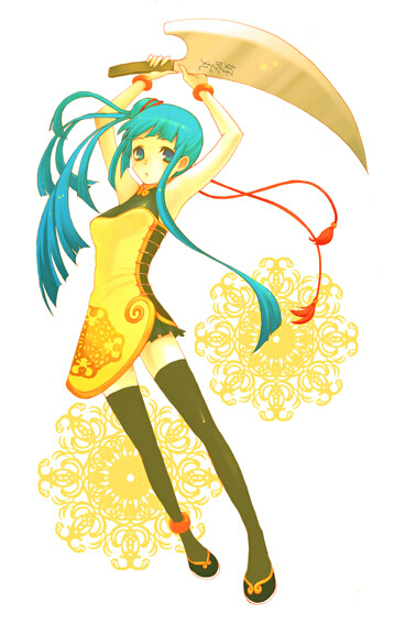 yokogiri midori, original, 1girl, china dress, chinese clothes, dress, female focus, green eyes, green hair, knife, long hair, matching hair/eyes, solo, thighhighs