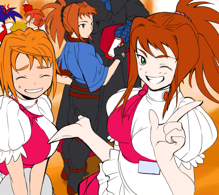 aoba (smartbeat), aoba, arika yumemiya, nina wang, sugiura midori, tokiha mai, my-hime, my-otome, 00s, 4girls, 5girls, ;d, ^ ^, brown hair, closed eyes, dress, grin, index finger raised, looking at viewer, multiple girls, one eye closed, open mouth, ponytail, puffy short sleeves, puffy sleeves, red dress, short sleeves, sidelocks, smile, sweatdrop, teeth, v arms, waitress, white dress, wink