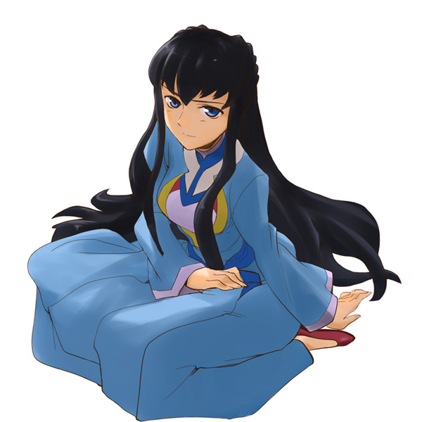 aoba (smartbeat), marina ismail, gundam, gundam 00, bad id, bad pixiv id, 00s, 1girl, black hair, blue eyes, female focus, kneeling, simple background, solo