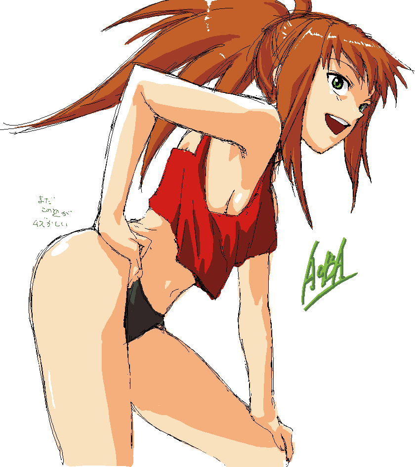 aoba (smartbeat), aoba, sugiura midori, my-hime, bad id, bad pixiv id, 00s, 1girl, black panties, female focus, green eyes, hand on own hip, hand on own knee, leaning forward, open mouth, orange hair, panties, ponytail, red hair, signature, sketch, smile, solo, standing, tank top, underwear, white background