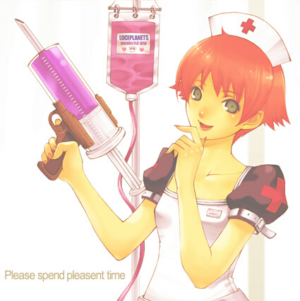yokogiri midori, original, lowres, 1girl, brown eyes, female focus, gun, intravenous drip, nurse, orange hair, oversized object, red hair, short hair, solo, syringe, weapon