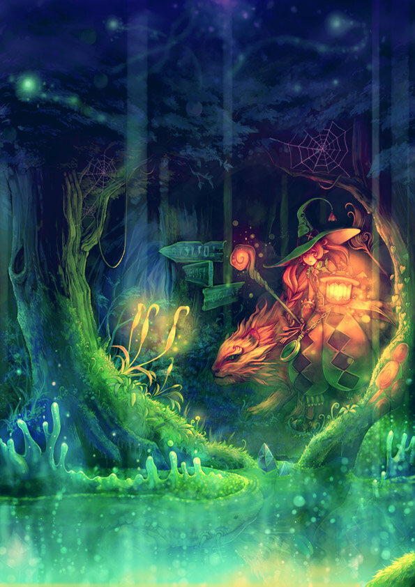 original, 1girl, animal, fantasy, fish, forest, hat, lamp, nature, night, outdoors, scenery, surreal, tree, water, witch, witch hat, wizard