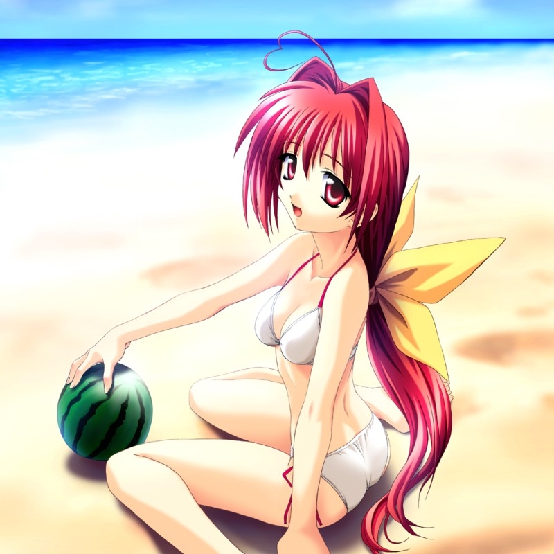 norizou type-r, kagami sumika, muv-luv, 1girl, ahoge, beach, bikini, day, female focus, food, fruit, hair intakes, heart, heart ahoge, holding, holding food, holding fruit, holding watermelon, long hair, ocean, ponytail, side-tie bikini bottom, sitting, solo, swimsuit, very long hair, watermelon, white bikini