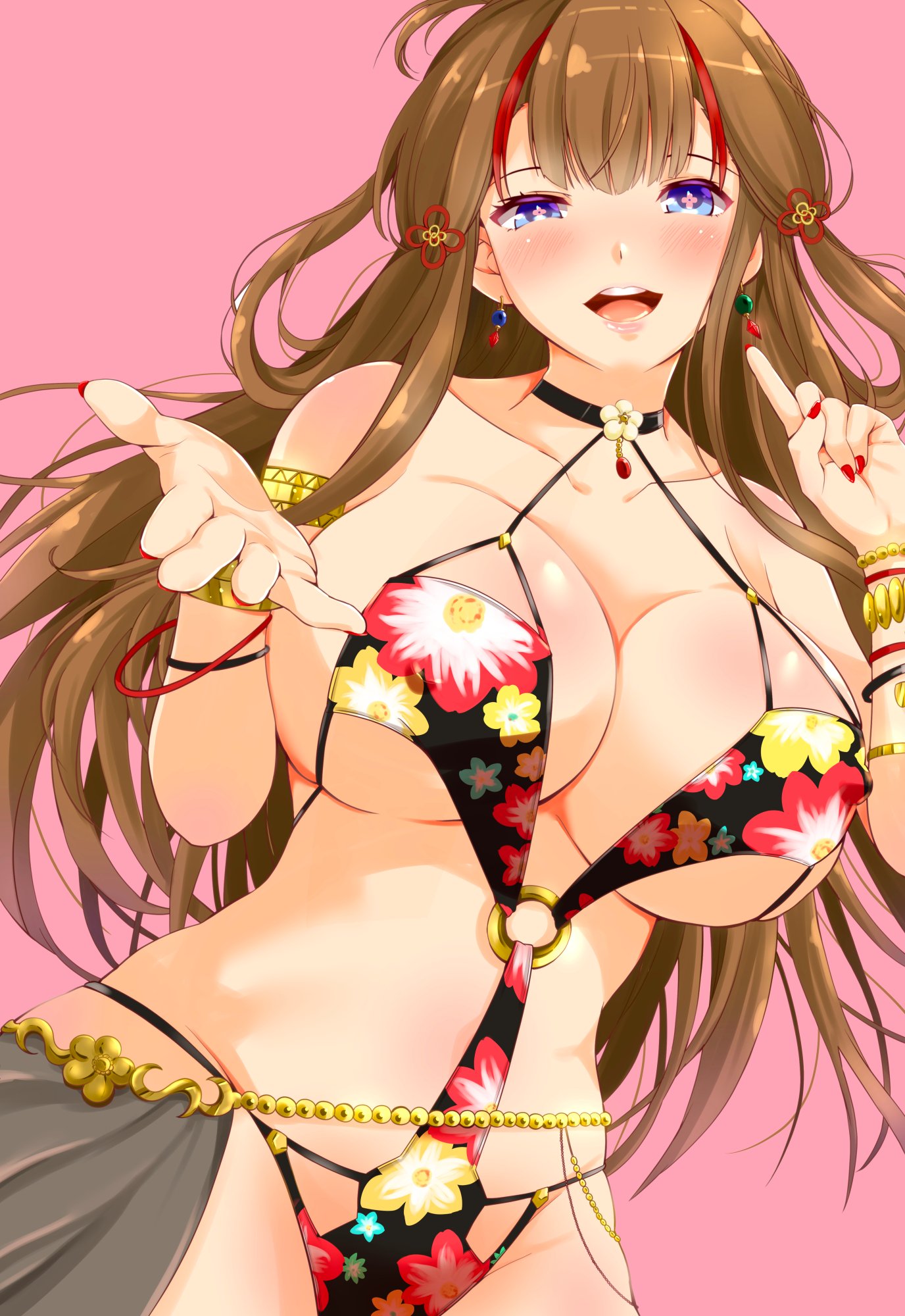 r05481407, toki (senran kagura), senran kagura, senran kagura new link, highres, + +, 1girl, black slingshot swimsuit, blue eyes, blush, body blush, bracelet, breasts, brown hair, chinese knot, cleavage, earrings, floral print one-piece swimsuit, flower-shaped pupils, gold bracelet, hair ornament, hair rings, hairpin, huge breasts, jewelry, long hair, looking at viewer, mismatched earrings, multicolored hair, multiple hairpins, navel, o-ring, o-ring swimsuit, one-piece swimsuit, open mouth, pink pupils, red nails, red streaks, slingshot swimsuit, smile, solo, streaked hair, swimsuit, symbol-shaped pupils