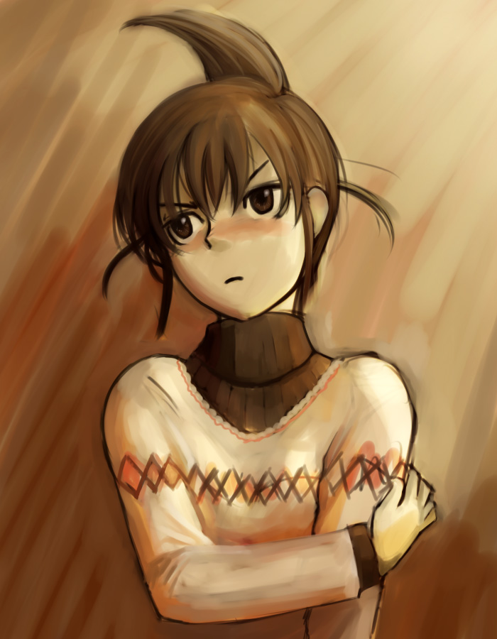 zappers, ogiue chika, genshiken, 00s, 1girl, blush, brown background, brown eyes, brown hair, crossed arms, female focus, looking to the side, ponytail, short hair, short ponytail, solo, topknot, turtleneck, upper body