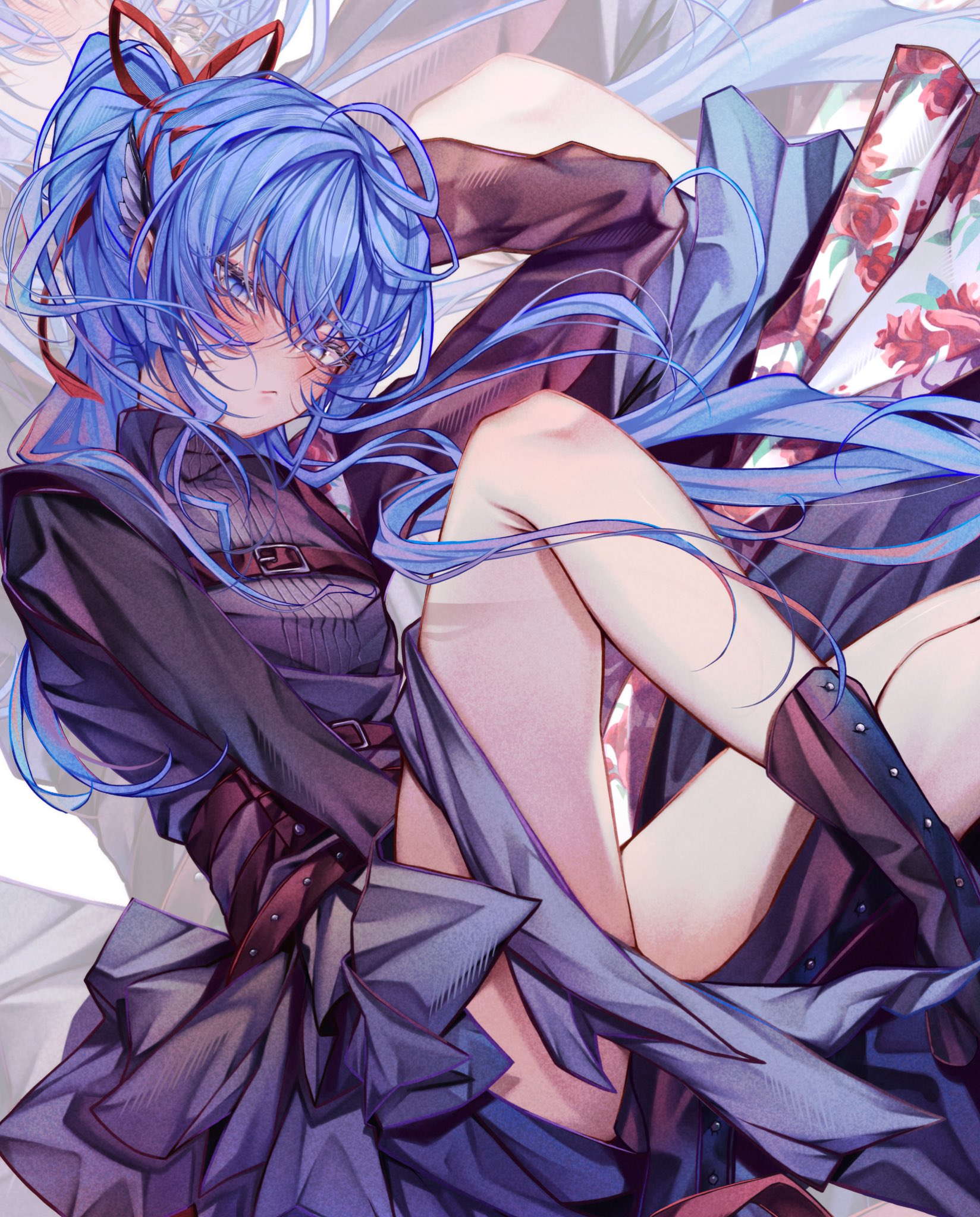 tooya0923, hoshimachi suisei, hoshimachi suisei (shout in crisis), hololive, highres, 1girl, arm behind head, black boots, black shirt, black skirt, blue eyes, blue hair, boots, chest harness, closed mouth, hair between eyes, hair ribbon, harness, knee boots, layered skirt, long hair, long sleeves, looking at viewer, official alternate costume, official alternate hairstyle, overskirt, ponytail, ribbon, shirt, sidelocks, sitting, skirt, solo, turtleneck, turtleneck shirt, virtual youtuber