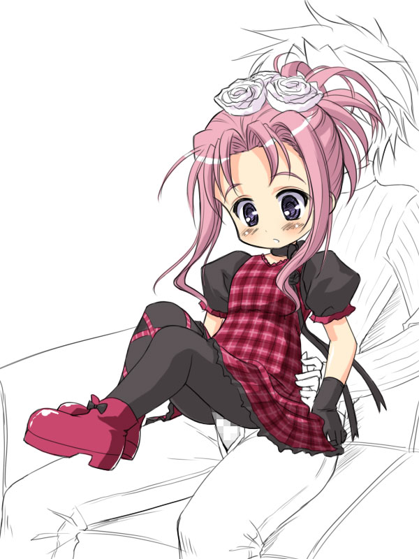masakichi (crossroad), amatsuka nijiko, baby princess, original, 10s, 1boy, 1girl, censored, clothed sex, flat chest, flower, gloves, gothic lolita, hetero, loli, lolita fashion, long hair, mosaic censoring, pantyhose, pink hair, reverse upright straddle, sex, sex from behind, sitting, solo focus, thigh sex