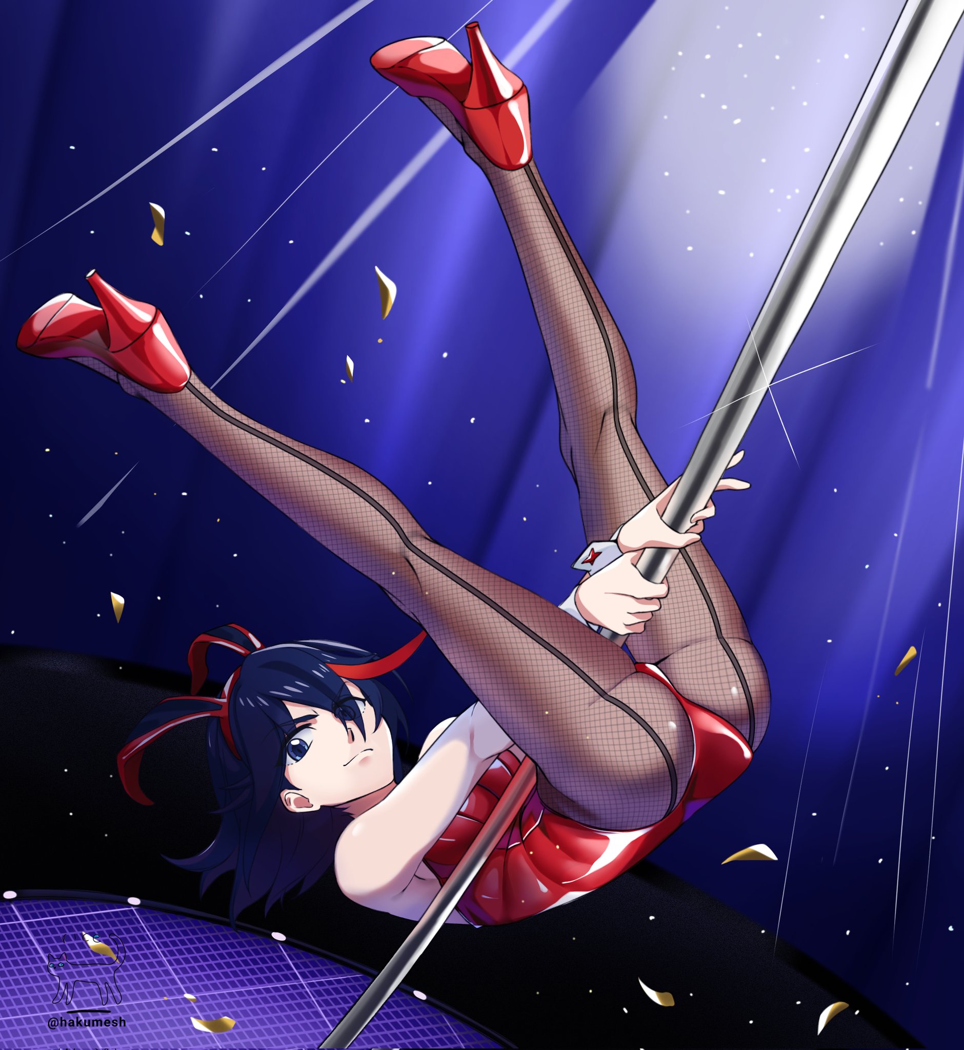 zikade, matoi ryuuko, kill la kill, commentary, commission, english commentary, highres, 1girl, animal ear hairband, animal ears, ass, black hair, blue eyes, fake animal ears, fishnet pantyhose, fishnets, hairband, high heels, legs up, leotard, multicolored hair, pantyhose, playboy bunny, pole, pole dancings, rabbit ears, red hair, red leotard, red shoes, shoes, short hair, solo, strapless, strapless leotard, streaked hair, stripper pole, two-tone hair, wrist cuffs