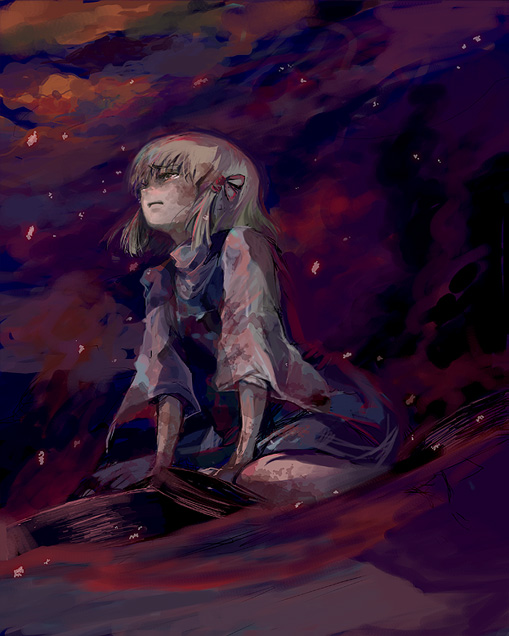 cis (carcharias), moriya suwako, touhou, looking away, bad id, bad pixiv id, 1girl, blonde hair, female focus, hair ribbon, kneeling, long sleeves, red ribbon, ribbon, short hair, skirt, solo, tress ribbon, wide sleeves