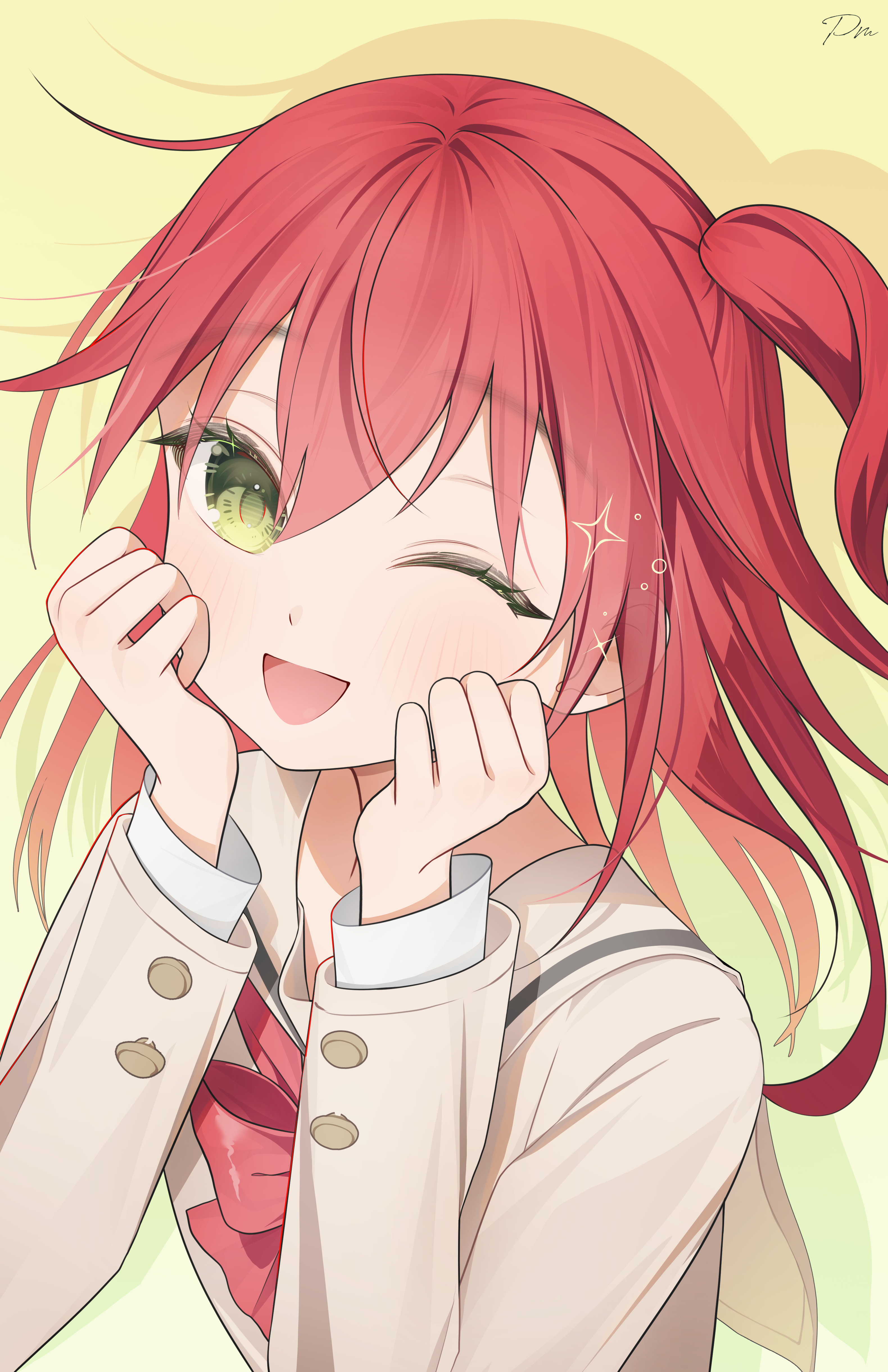 pm (lily112100), kita ikuyo, bocchi the rock!, absurdres, commentary, highres, symbol-only commentary, 1girl, ;d, blush, bow, bowtie, brown jacket, brown sailor collar, clenched hands, cowlick, double-parted bangs, drop shadow, eyes visible through hair, flat chest, from above, hair between eyes, hands on own cheeks, hands on own face, hands up, jacket, layered sleeves, long sleeves, looking at viewer, medium hair, one eye closed, one side up, open mouth, red bow, red bowtie, sailor collar, school uniform, shirt, signature, simple background, smile, sparkle, sparkling eyes, tongue, upper body, white shirt, yellow background