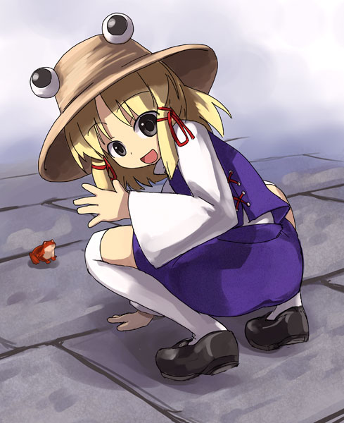 hirosato, moriya suwako, touhou, 1girl, blonde hair, female focus, frog, hat, solo, squatting, stone floor, thighhighs, white thighhighs