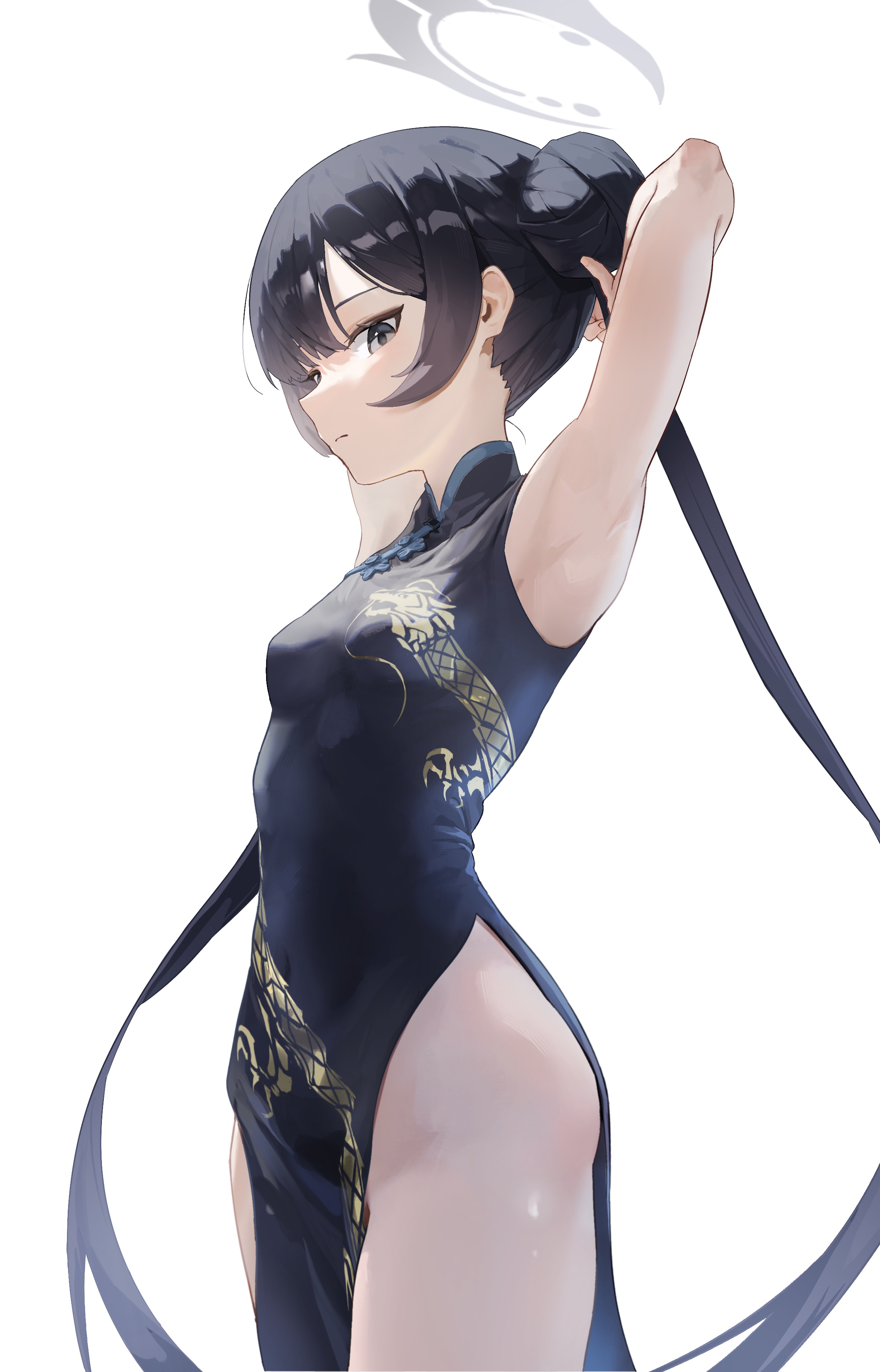 kisaki (blue archive), blue archive, absurdres, highres, 1girl, armpits, arms behind head, black dress, black hair, breasts, china dress, chinese clothes, closed mouth, covered navel, cowboy shot, double bun, dragon print, dress, grey halo, hair bun, halo, long hair, looking to the side, side slit, simple background, sleeveless, sleeveless dress, small breasts, solo, standing, thighs, twintails, user pnum2583, white background