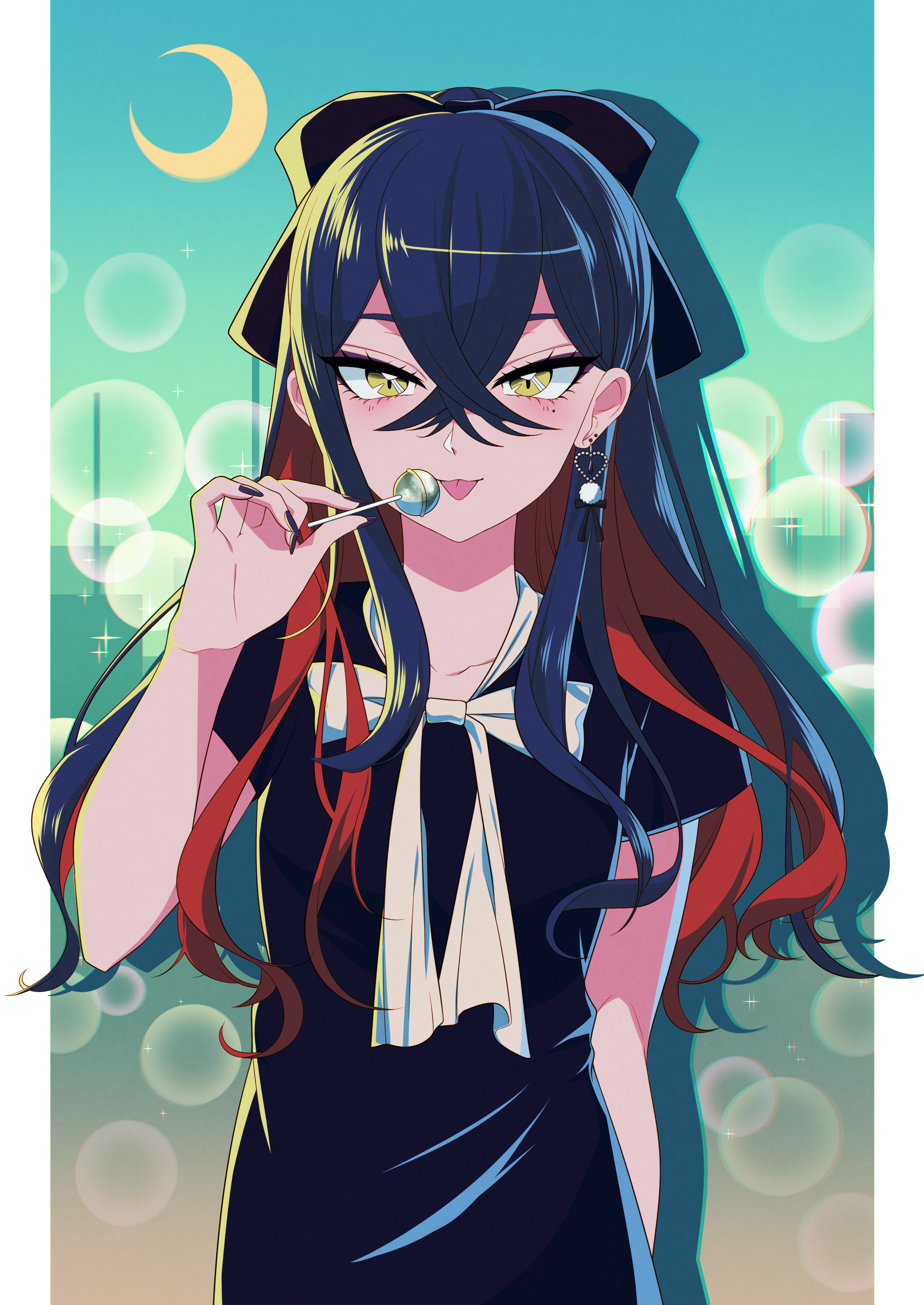 saotome (neptune 0416), carmine (pokemon), nintendo, pokemon, pokemon sv, absurdres, commentary request, highres, 1girl, alternate costume, black hair, black nails, black shirt, bow, candy, crescent moon, crossed bangs, earrings, eyelashes, food, hair between eyes, hand up, jewelry, lollipop, long hair, looking at viewer, moon, multicolored hair, nail polish, red hair, shirt, short sleeves, solo, sparkle, tongue, tongue out, two-tone hair, upper body, white bow, yellow eyes