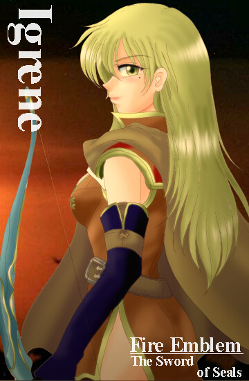 hissaa (starlight express), igrene (fire emblem), fire emblem, fire emblem: the binding blade, nintendo, 1girl, blonde hair, bow (weapon), cape, character name, copyright name, elbow gloves, female focus, gloves, long hair, mole, mole under eye, side slit, solo, weapon, yellow eyes