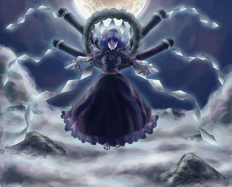 yasaka kanako, touhou, 1girl, blue hair, breasts, cannon, dress, female focus, floating, fog, frilled dress, frills, full moon, juliet sleeves, layered sleeves, long sleeves, mirror, moon, night, night sky, puffy short sleeves, puffy sleeves, red eyes, rock, rope, sandals, shimenawa, short hair, short over long sleeves, short sleeves, sky, solo, wavy hair, white sleeves