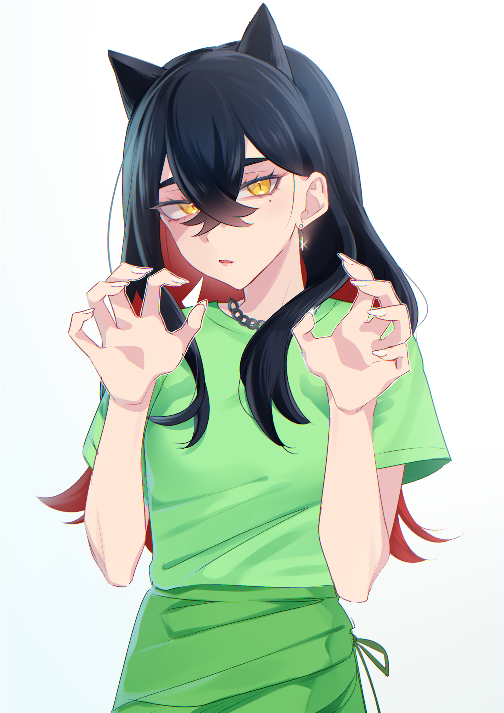 saotome (neptune 0416), carmine (pokemon), nintendo, pokemon, pokemon sv, highres, 1girl, alternate costume, animal ears, black hair, chain, chain necklace, claw pose, colored inner hair, crossed bangs, dog ears, earrings, eyelashes, green shirt, hair between eyes, jewelry, long hair, looking at viewer, mole, mole under eye, multicolored hair, necklace, red hair, shirt, short sleeves, solo, two-tone hair, upper body, white background, yellow eyes
