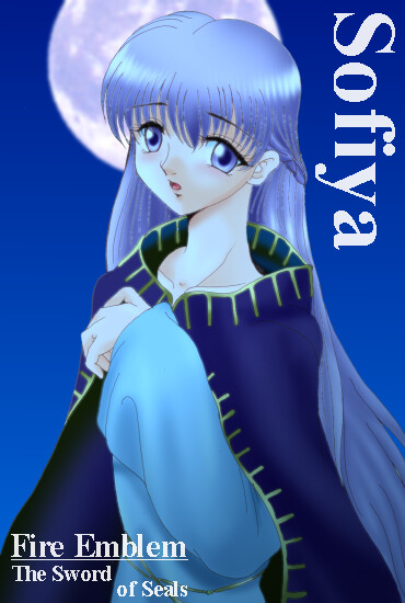 hissaa (starlight express), sophia (fire emblem), fire emblem, fire emblem: the binding blade, nintendo, 1girl, belly chain, blue dress, blush, character name, cloak, copyright name, dress, female focus, full moon, jewelry, long hair, moon, night, night sky, purple eyes, purple hair, sky, solo