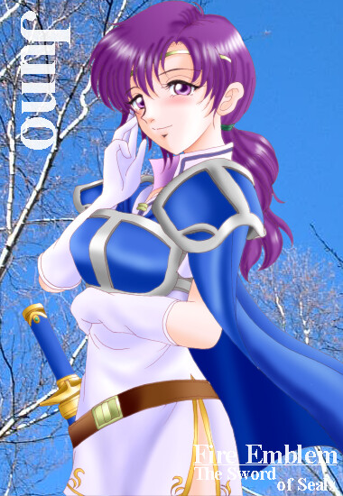 hissaa (starlight express), juno (fire emblem), fire emblem, fire emblem: the binding blade, nintendo, 1girl, armor, blue armor, cape, character name, copyright name, female focus, gloves, long hair, ponytail, purple eyes, purple hair, solo, sword, weapon