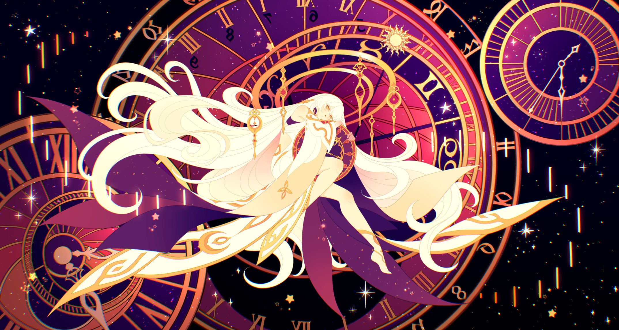 ffluvy, istaroth (genshin impact), genshin impact, highres, 1girl, absurdly long hair, backless dress, backless outfit, bare shoulders, clock, detached sleeves, dress, floating hair, halo, hugging object, long hair, long sleeves, looking at viewer, roman numeral, solo, star (sky), very long hair, white dress, white hair, white sleeves, wide sleeves, yellow eyes