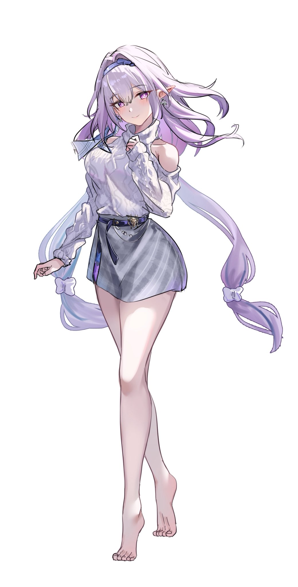 zawzawa, castorice (honkai: star rail), honkai: star rail, honkai (series), highres, 1girl, bare shoulders, barefoot, belt, black belt, blue hairband, bow, castorice (luckin coffee) (honkai: star rail), closed mouth, clothing cutout, earrings, floating hair, full body, hair bow, hairband, jewelry, long hair, long sleeves, looking at viewer, official alternate costume, pointy ears, purple hair, shoulder cutout, simple background, skirt, smile, solo, standing, sweater, turtleneck, very long hair, white background, white bow