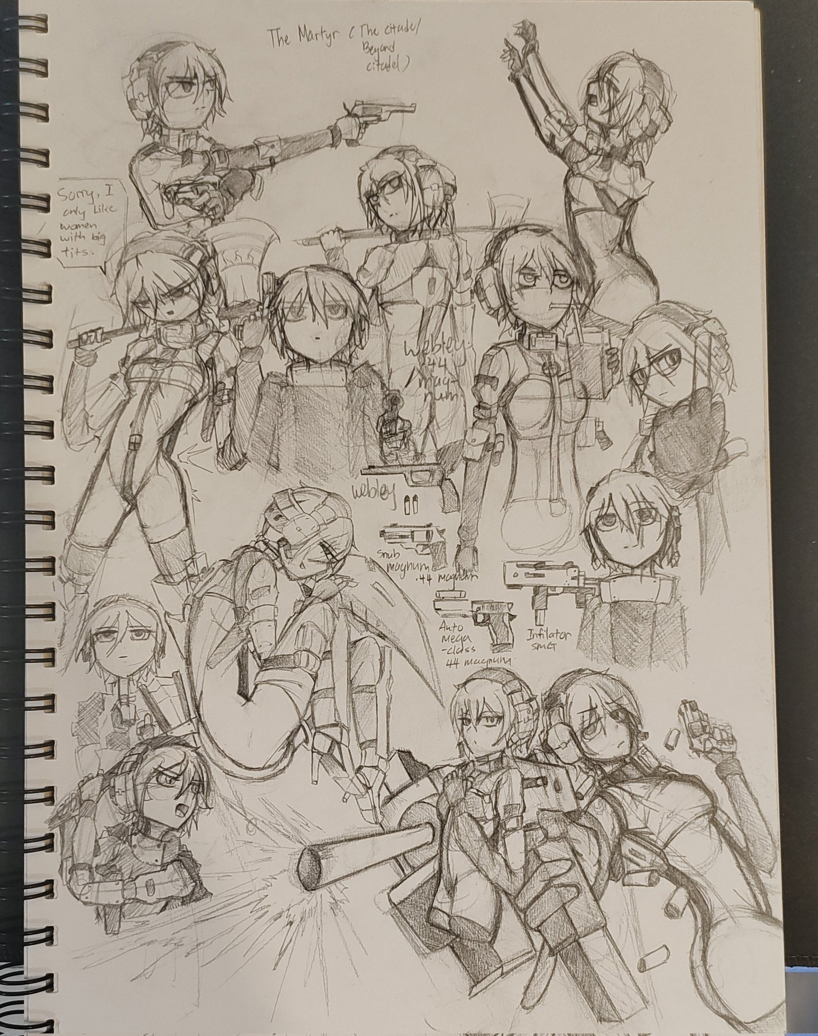 martyr (the citadel), graphite (medium), traditional media, asymmetrical dual wielding, axe, bra, character name, drinking straw, dual wielding, firing, gun, holding, holding axe, holding gun, holding weapon, revealing clothes, submachine gun, underwear, weapon