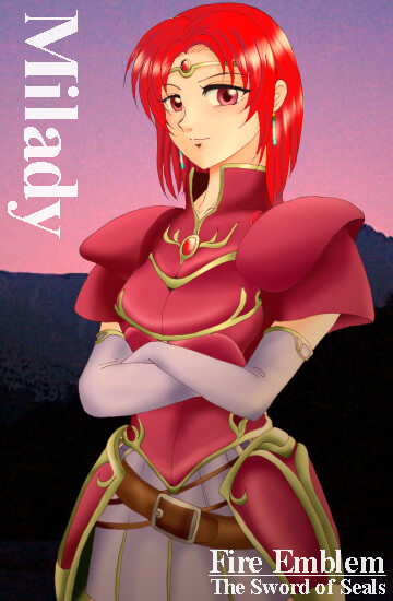 hissaa (starlight express), melady (fire emblem), fire emblem, fire emblem: the binding blade, nintendo, 1girl, armor, character name, copyright name, elbow gloves, female focus, gloves, pink armor, red eyes, red hair, short hair, solo