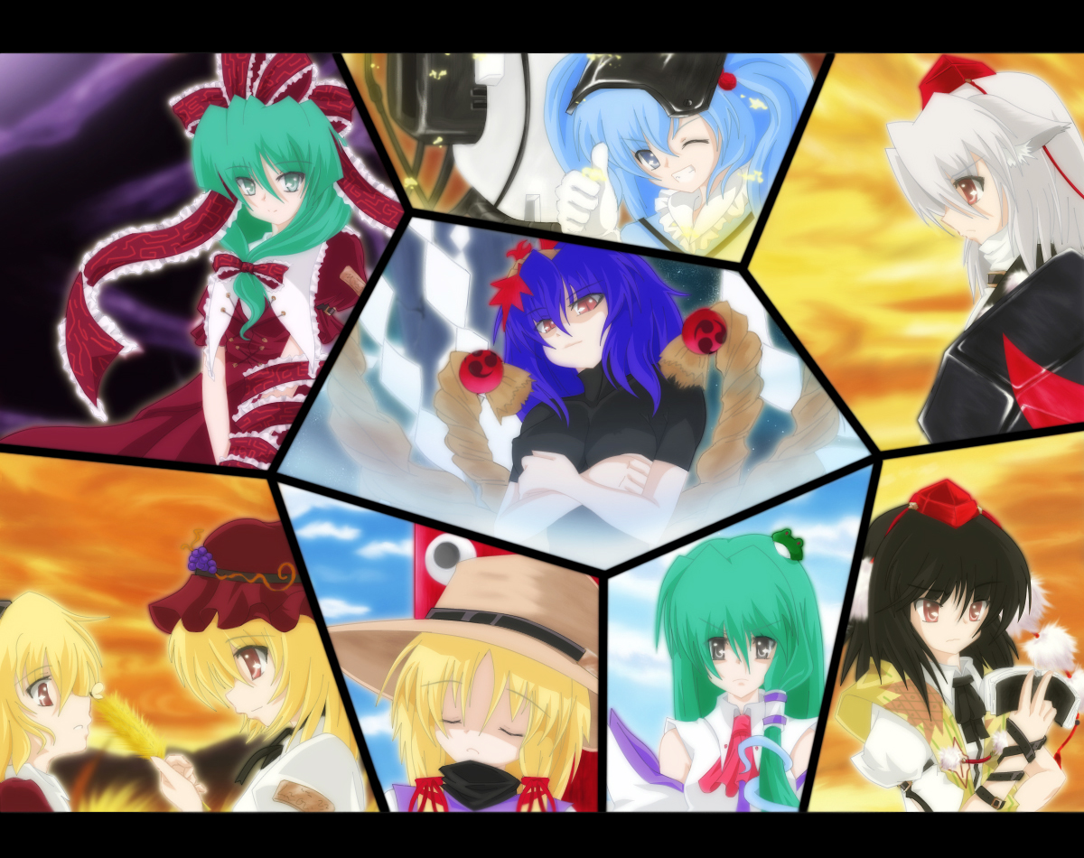 aki minoriko, aki shizuha, inubashiri momiji, kagiyama hina, kawashiro nitori, kochiya sanae, moriya suwako, shameimaru aya, yasaka kanako, mountain of faith, touhou, 6+girls, animal ears, aqua eyes, arm ribbon, ascot, black eyes, black hair, blonde hair, blue hair, bow, breasts, closed eyes, detached sleeves, female focus, front ponytail, green hair, hair bobbles, hair bow, hair ornament, hair ribbon, hat, large breasts, long hair, looking at viewer, medium breasts, multiple girls, notebook, one eye closed, pom pom (clothes), purple hair, red eyes, ribbon, shield, short hair, teeth, thumbs up, tokin hat, twintails, two side up, wink, wolf ears