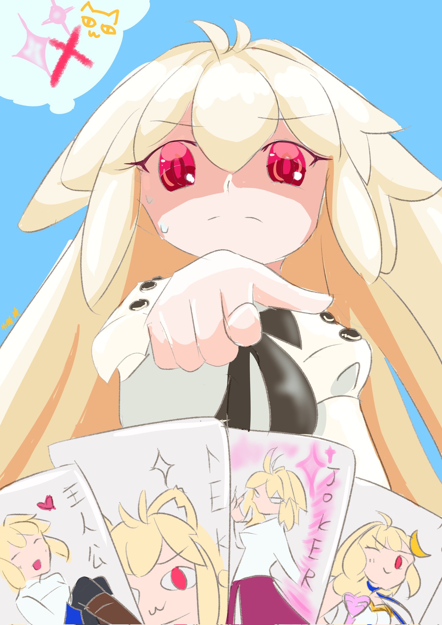 arcueid brunestud, eco-arc, neco-arc, phantas-moon, tsukihime, tsukihime (remake), 1girl, black bow, black bowtie, blonde hair, bow, bowtie, card, joker (playing card), long hair, long sleeves, neco spirit, playing card, pointing, red eyes, shirt, solo, speech bubble, thought bubble, vampire, white shirt