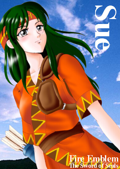 hissaa (starlight express), sue (fire emblem), fire emblem, fire emblem: the binding blade, nintendo, 1girl, arrow (projectile), black eyes, character name, cloud, copyright name, female focus, field, green hair, headband, long hair, quiver, sky, smile, solo
