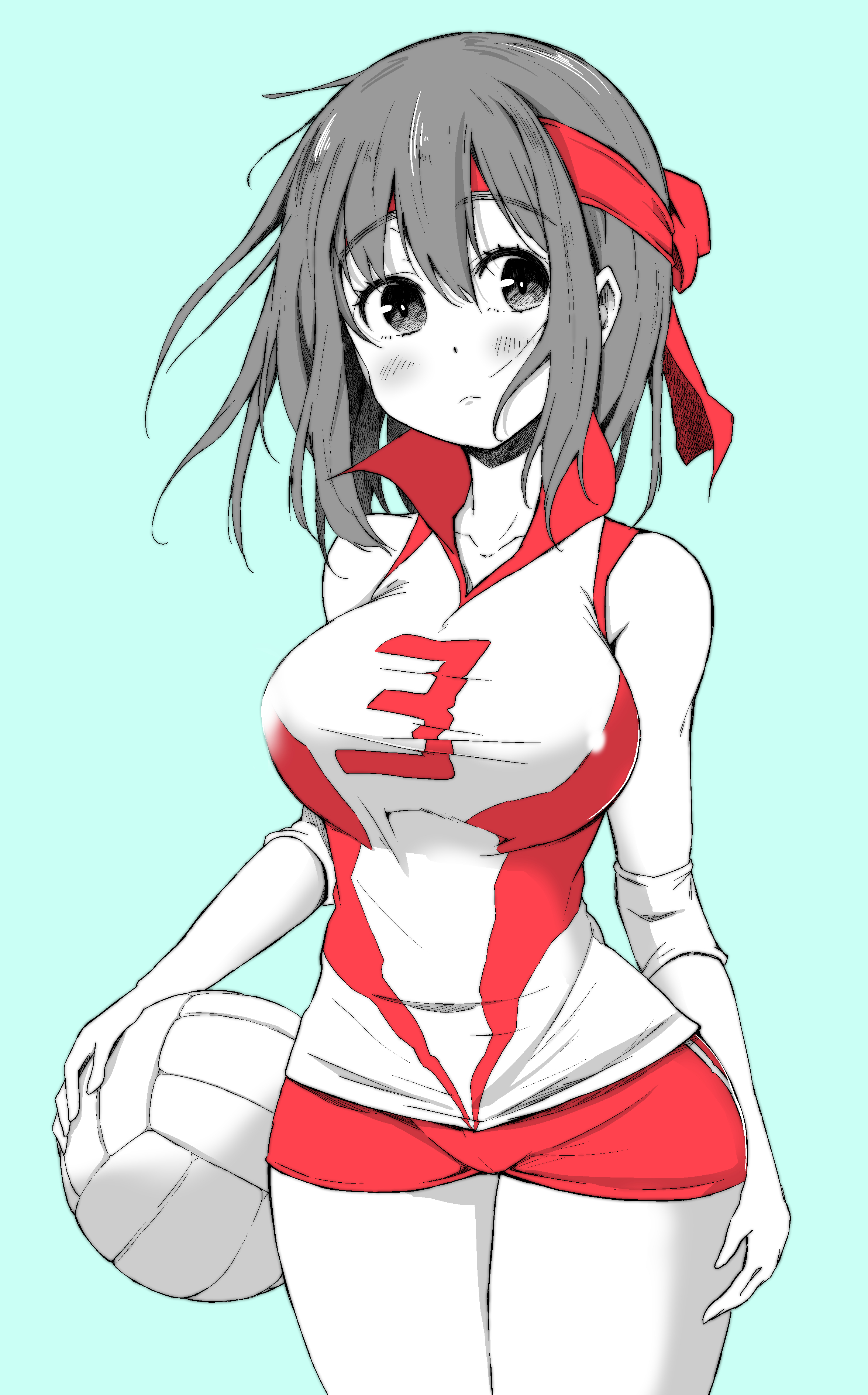 shiiba aki, kondou taeko, girls und panzer, absurdres, highres, 1girl, aqua background, ball, blush, breasts, closed mouth, cowboy shot, frown, hand on own thigh, headband, holding, holding ball, large breasts, looking at viewer, medium hair, micro shorts, partially colored, red headband, red shirt, red shorts, shirt, shorts, single vertical stripe, sleeveless, sleeveless shirt, solo, sportswear, standing, volleyball (object), volleyball uniform