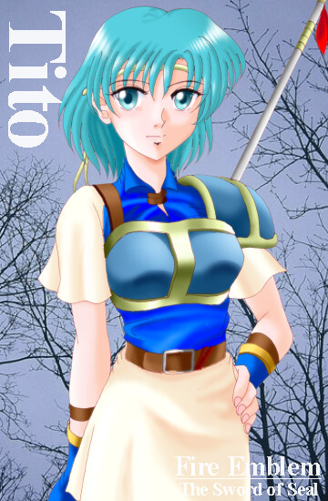 hissaa (starlight express), thea (fire emblem), fire emblem, fire emblem: the binding blade, nintendo, pegasus knight uniform (fire emblem), 1girl, armor, blue armor, blue eyes, blue hair, character name, copyright name, female focus, gloves, hand on own hip, matching hair/eyes, polearm, short hair, skirt, solo, spear, weapon