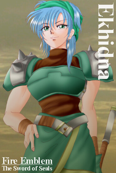 hissaa (starlight express), echidna (fire emblem), ekhidna, fire emblem, fire emblem: the binding blade, nintendo, 1girl, aqua bandana, aqua headscarf, armor, axe, bandana, blue hair, character name, copyright name, female focus, green eyes, hand on own hip, headscarf, short hair, solo, tomboy, warrior, weapon
