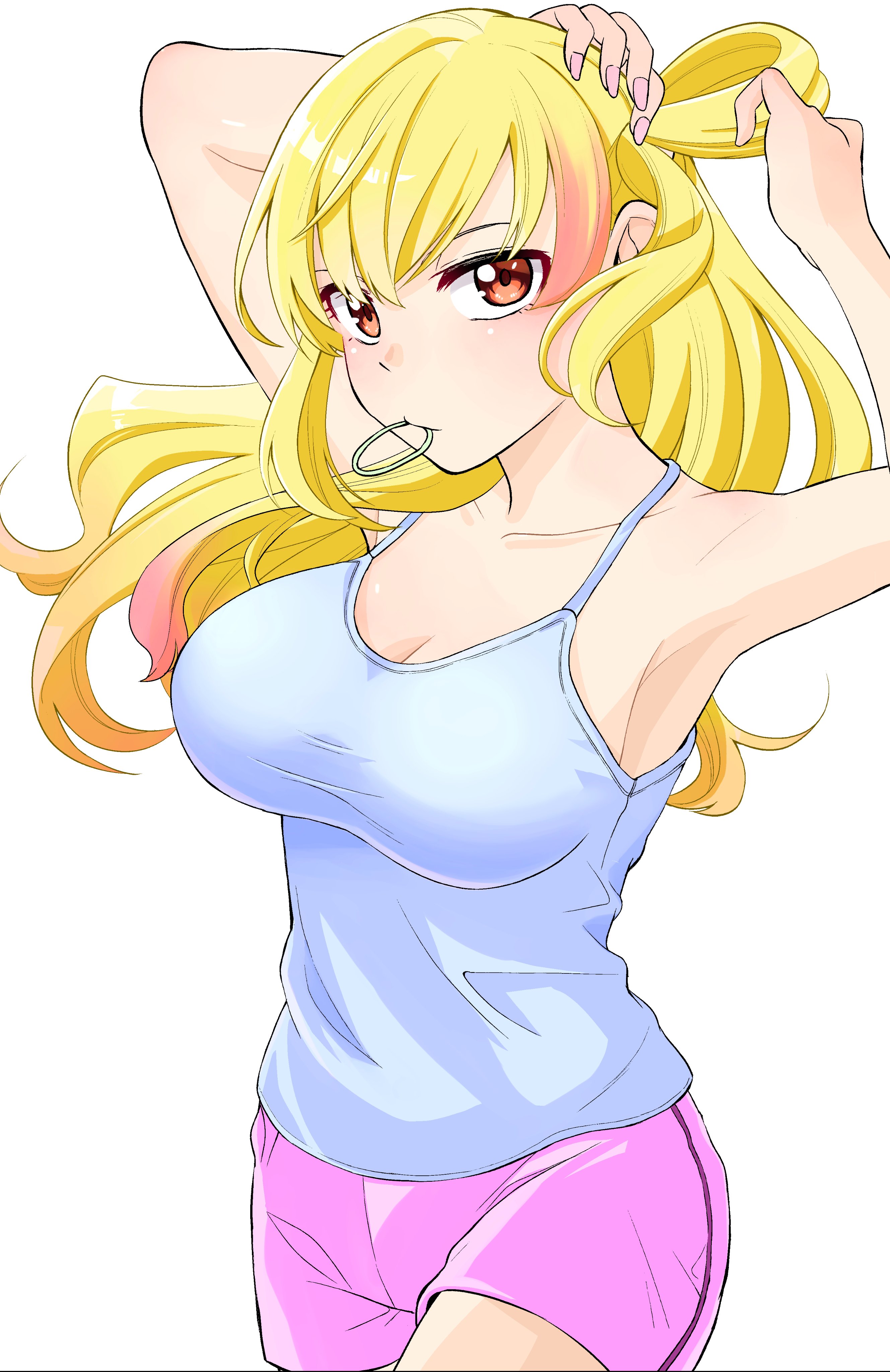 orange lili, original, absurdres, commentary request, highres, 1girl, armpits, arms up, blonde hair, blue camisole, breasts, camisole, cleavage, closed mouth, collarbone, colored tips, cowboy shot, expressionless, hair tie, hair tie in mouth, impossible camisole, impossible clothes, large breasts, looking at viewer, mouth hold, multicolored hair, pink shorts, red eyes, shorts, simple background, solo, tying hair, walking, white background