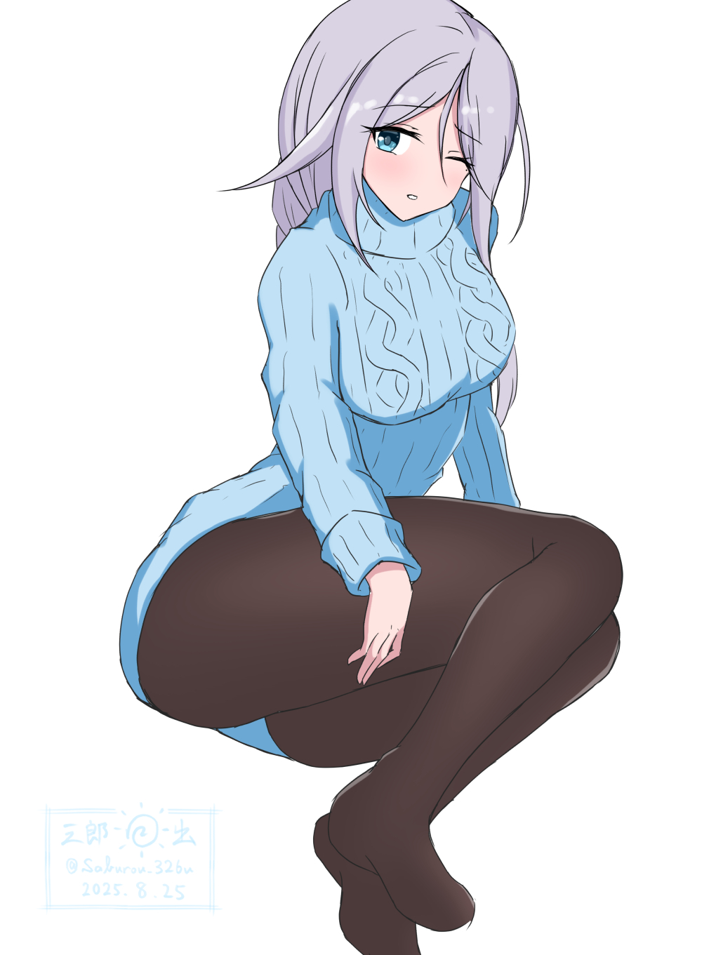 saburou hiji, umikaze (kancolle), umikaze (mitsukoshi) (kancolle), kantai collection, commentary request, highres, 1girl, adapted costume, black pantyhose, blue eyes, blue sweater, grey hair, long hair, looking at viewer, official alternate costume, one eye closed, pantyhose, simple background, solo, sweater, white background