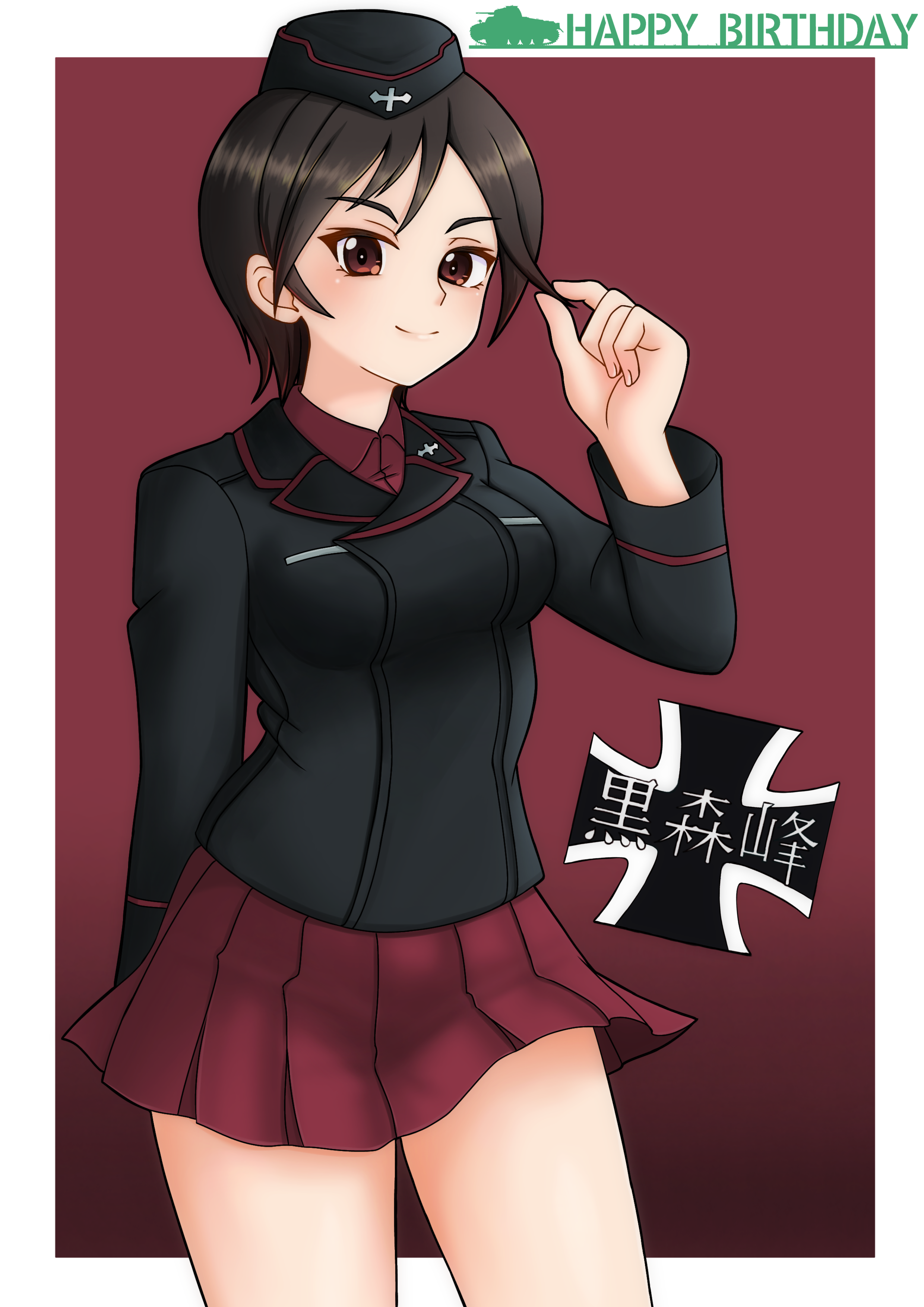 amanone yun, iruma anna, girls und panzer, absurdres, commentary, highres, 1girl, arm behind back, birthday, black hair, black hat, black jacket, brown eyes, closed mouth, cowboy shot, dress shirt, emblem, english text, garrison cap, hand in own hair, happy birthday, hat, insignia, jacket, kuromorimine (emblem), kuromorimine military uniform, long sleeves, looking at viewer, military hat, military uniform, miniskirt, pleated skirt, red background, red shirt, red skirt, shirt, short hair, skirt, smile, solo, standing, wing collar