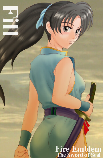 hissaa (starlight express), fir (fire emblem), fire emblem, fire emblem: the binding blade, nintendo, 1girl, belt, black eyes, black hair, character name, copyright name, female focus, katana, long hair, ponytail, purple belt, side slit, solo, sword, weapon