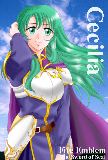 hissaa (starlight express), cecilia (fire emblem), fire emblem, fire emblem: the binding blade, nintendo, 1girl, armor, cape, character name, copyright name, female focus, green eyes, green hair, long hair, matching hair/eyes, solo, split mouth, white armor