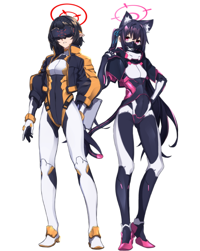 ayane (blue archive), serika (blue archive), blue archive, 2girls, animal ear fluff, animal ears, black bodysuit, black hair, bodysuit, breasts, cat ears, halo, head-mounted display, high heels, jacket, kazumi1220k mk2, long hair, mask, mecha pilot suit, medium breasts, mouth mask, multiple girls, open clothes, open jacket, pointy ears, red eyes, science fiction, short hair, skin tight, twintails