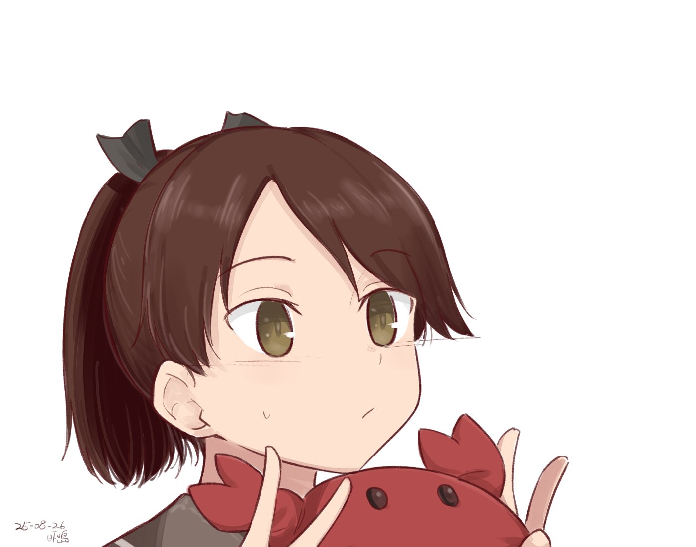 hikashima (shiofune), shikinami (kancolle), kantai collection, 1girl, brown eyes, brown hair, brown sailor collar, ponytail, sailor collar, short hair, simple background, solo, stuffed animal, stuffed crab, stuffed toy, upper body, white background