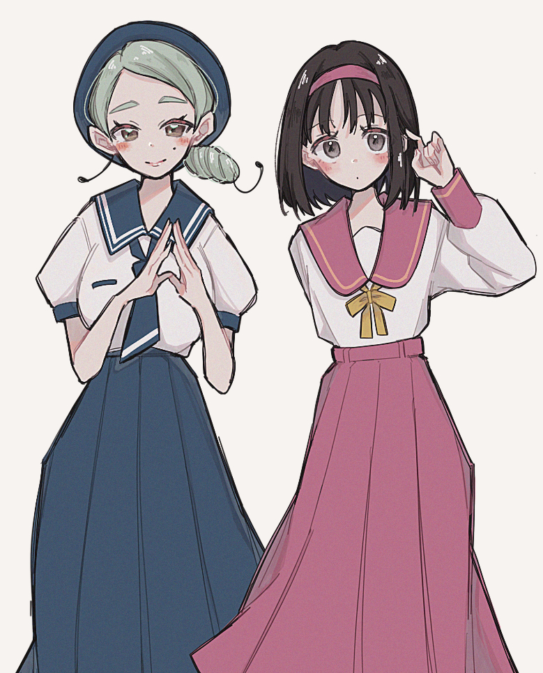 enekonoshippo27, erika (pokemon), katy (pokemon), nintendo, pokemon, pokemon frlg, pokemon sv, 2girls, alternate costume, black hair, blue necktie, blue sailor collar, blue skirt, blush, bow, bowtie, hairband, high-waist skirt, long sleeves, mole, mole under eye, multiple girls, necktie, puffy short sleeves, puffy sleeves, red hairband, red sailor collar, red skirt, sailor collar, shirt, short hair, short sleeves, skirt, smile, steepled fingers, white shirt, yellow bow, yellow bowtie