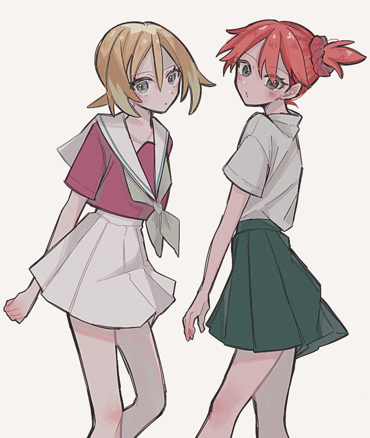 enekonoshippo27, irida (pokemon), misty (pokemon), nintendo, pokemon, pokemon frlg, pokemon legends: arceus, 2girls, alternate costume, blonde hair, green skirt, hair between eyes, looking at viewer, multiple girls, orange hair, ponytail, red shirt, sailor collar, school uniform, shirt, short hair, short ponytail, short sleeves, skirt, white sailor collar, white shirt, white skirt