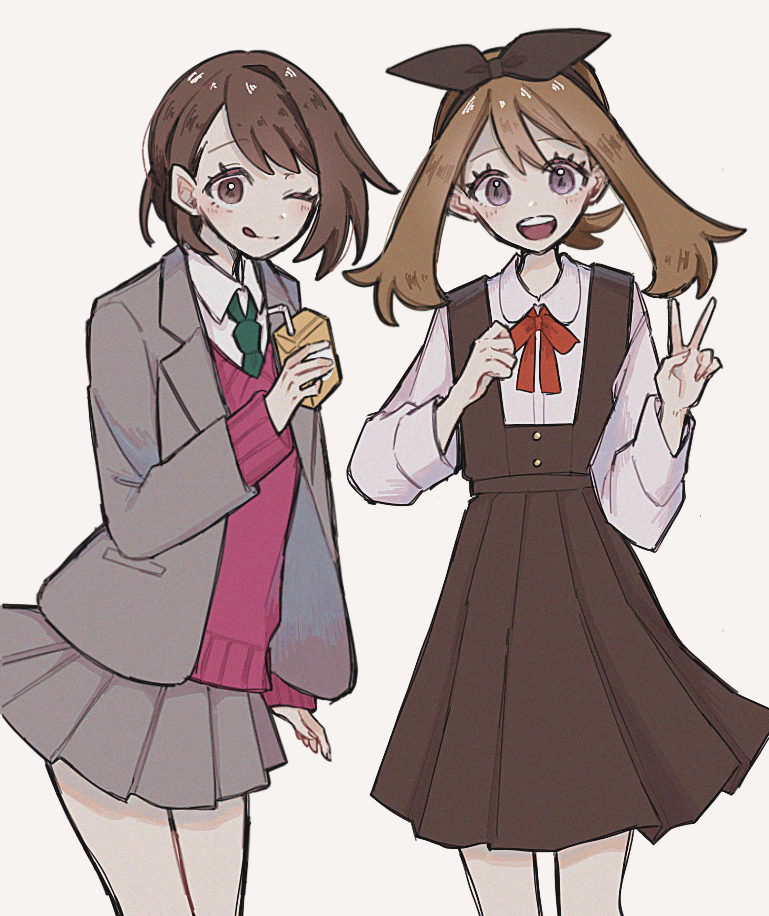 enekonoshippo27, gloria (pokemon), may (pokemon), nintendo, pokemon, pokemon oras, pokemon swsh, 2girls, alternate costume, black hairband, brown hair, collared shirt, dress, green necktie, grey jacket, grey skirt, hairband, jacket, juice box, multiple girls, necktie, one eye closed, pinafore dress, pink sweater, red ribbon, ribbon, shirt, short hair, skirt, sleeveless, sleeveless dress, sweater, v, white background, white shirt