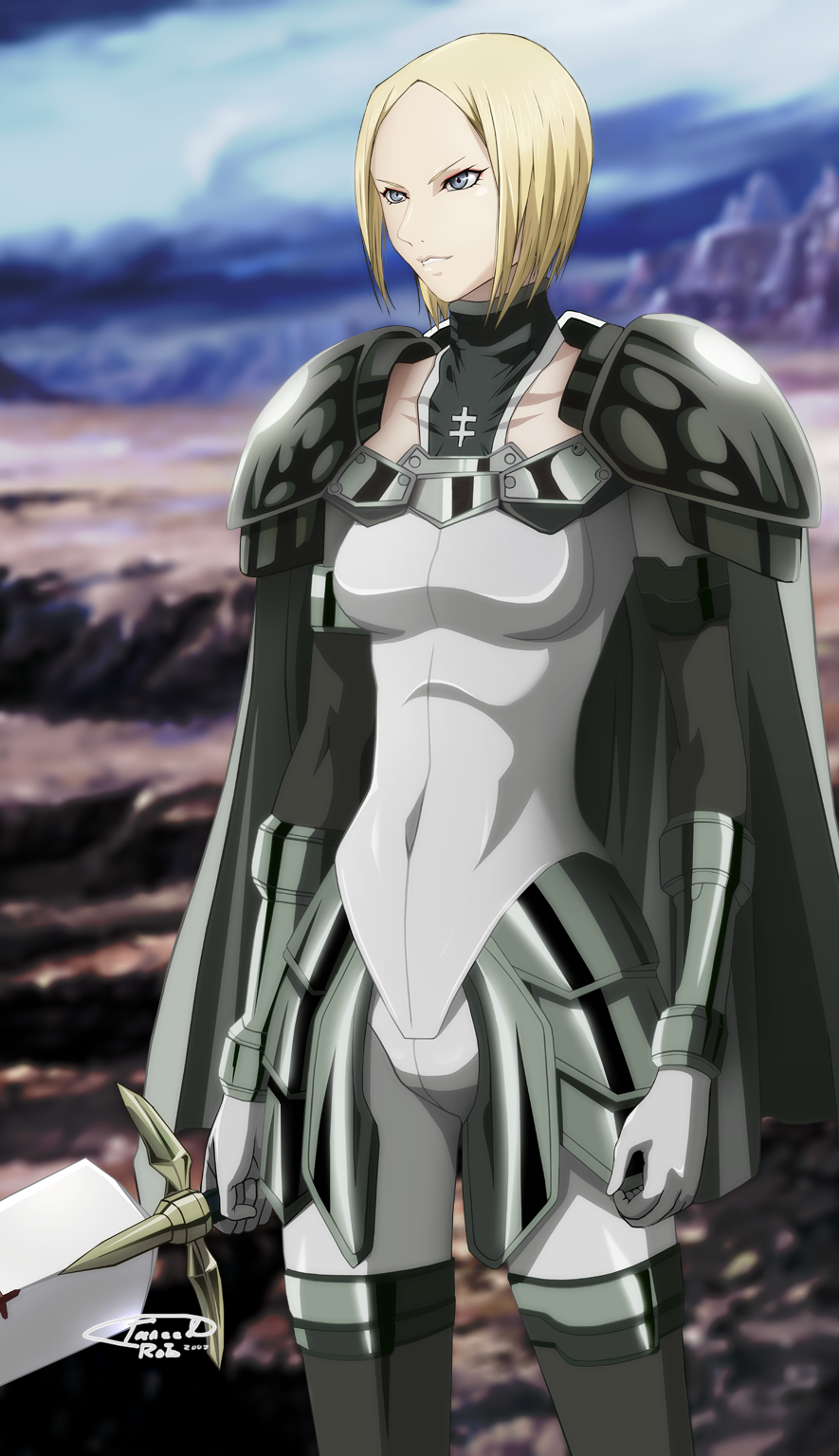 helen, claymore (series), highres, 00s, blonde hair, claymore (sword), short hair, solo, sword, thighhighs, warrior, weapon