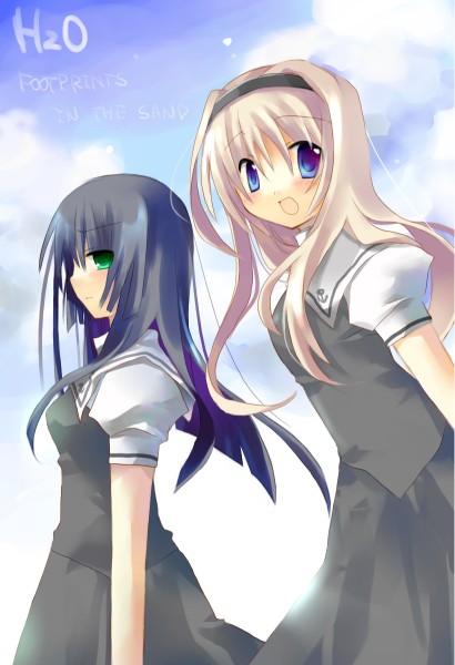 jin rikuri, kagura hinata, kohinata hayami, h2o footprints in the sand, 00s, 2girls, :d, black dress, black hair, blonde hair, blue eyes, blue sky, blush, cloud, cowboy shot, day, dress, green eyes, long hair, looking at viewer, multiple girls, open mouth, outdoors, puffy short sleeves, puffy sleeves, school uniform, serafuku, short sleeves, sky, smile, tareme